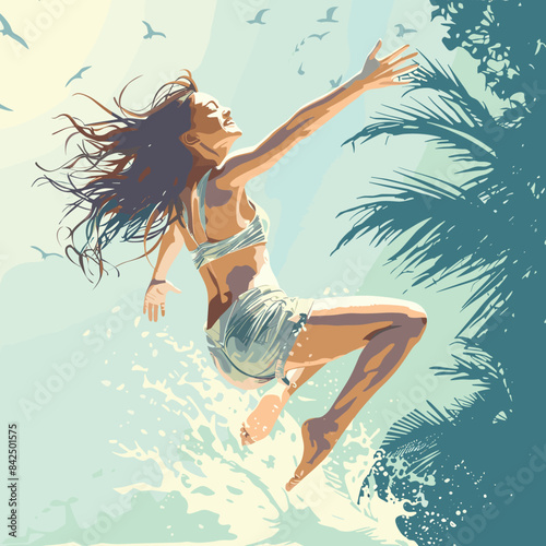 Young woman enjoys freedom leaping sea, hair flowing, joy sunny beach setting. Female airborne near ocean waves, expressing happiness vitality, birds flying background. Energetic leap, tropical