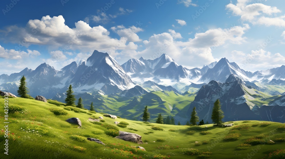 Panoramic view of alpine meadows and mountains under blue sky