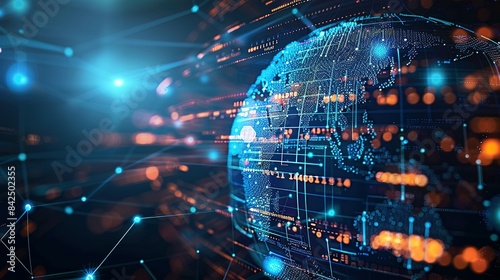 Digital world globe representing global network and connectivity on Earth, featuring high-speed data transfer, cyber technology, information exchange, and international telecommunications.