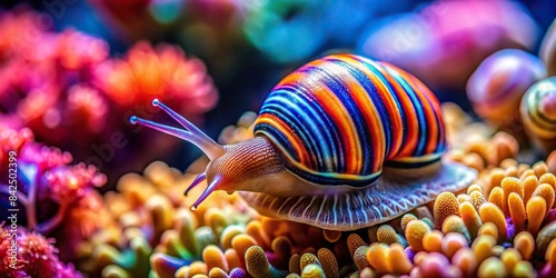 A vibrantly colored Babylonia spirata snail crawls across a bed of colorful coral in a saltwater aquarium, its shell reflecting the light, Babylonia spirata, snail, coral, saltwater aquarium