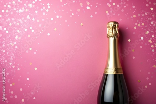 Bottle of champagne on a pink background perfect for anniversary, birthday, or celebration themed projects, champagne, bottle, pink, background, festive, girly, anniversary, birthday © Sompong