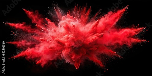 A vibrant red powder cloud explodes outwards, creating a dynamic and abstract pattern against a stark black background, red powder explosion, black background, color explosion photo