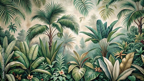 A vintage-inspired mural photo wallpaper depicting a lush, tropical jungle with graceful leaves in a retro style, perfect for adding a touch of nature and bohemian flair to any interior