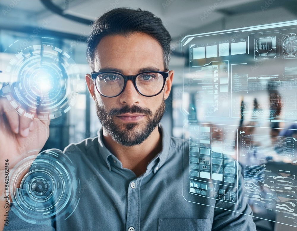 Programming coding and man with focus, hologram and trading with cyber ...