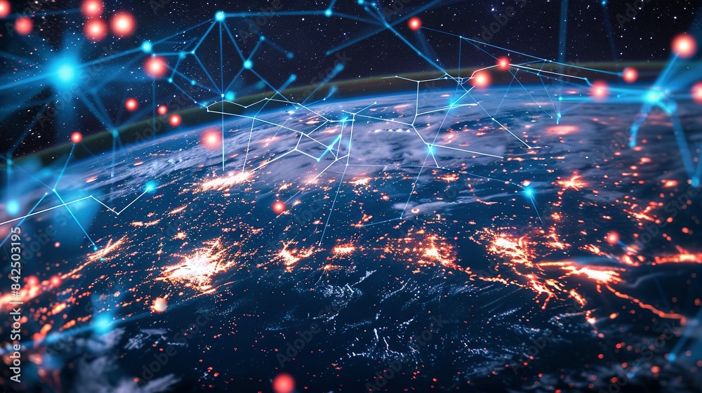 Obraz premium Digital world globe representing global network and connectivity on Earth, featuring high-speed data transfer, cyber technology, information exchange, and international telecommunications.