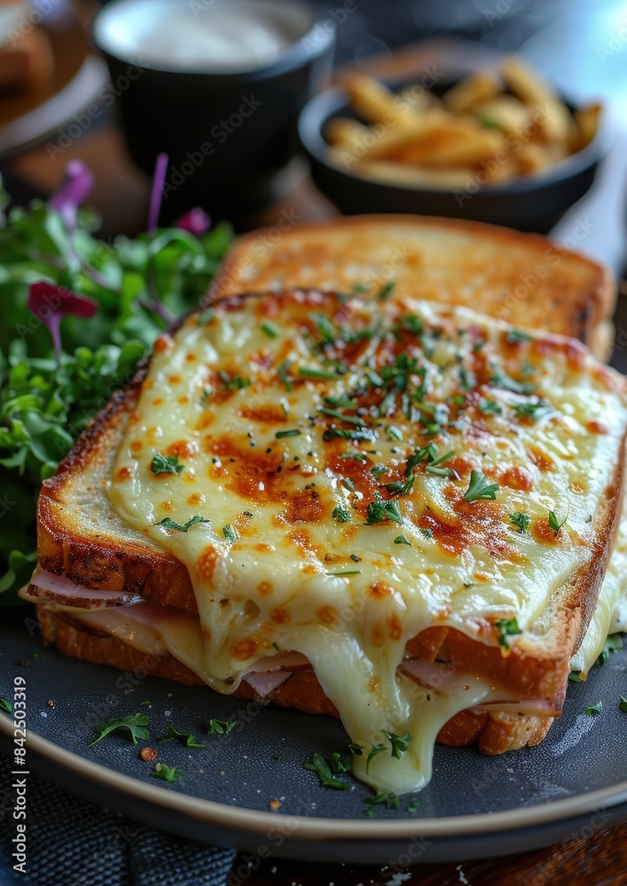 Croque Monsieur A Croque Monsieur sandwich with melted cheese and ham, topped with a golden bechamel sauce. Served with a side of mixed greens. Croque Monsieur A Croque Monsieur sandwich with melted cheese and ham, topped with a golden bechamel sauce. Served with a side of mixed greens.