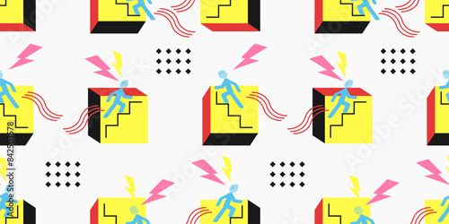 Memphis seamless pattern 90s, 80s retro style. Steps on 3D cubes, on which a person runs