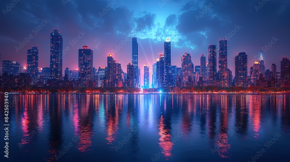 Fototapeta premium Beautiful neon city skyline reflecting on calm water at dusk, creating a vivid and colorful night scene full of lights and skyscrapers.