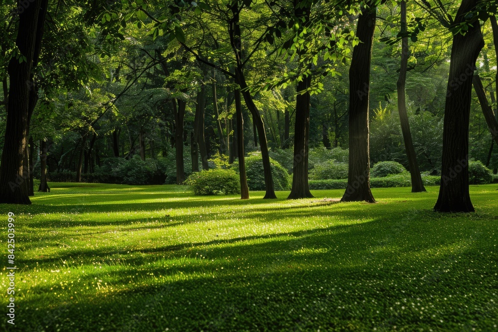 Green Woods in the Park: Natural Forest Landscape with Lush Green Trees and Grass Green Woods in the Park: Natural Forest Landscape with Lush Green Trees and Grass