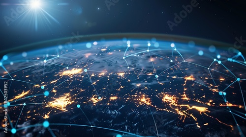 Digital world globe representing global network and connectivity on Earth, featuring high-speed data transfer, cyber technology, information exchange, and international telecommunications.