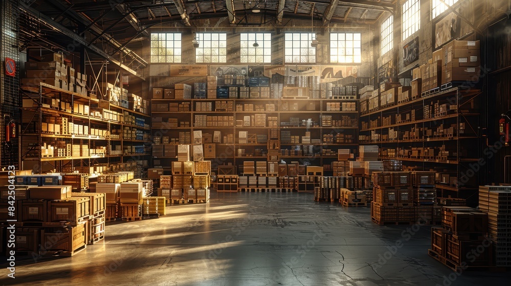 Spacious industrial warehouse with stacked boxes, illuminated by sunlight streaming through large windows. Perfect for logistics and storage concepts. Spacious industrial warehouse with stacked boxes, illuminated by sunlight streaming through large windows. Perfect for logistics and storage concepts.