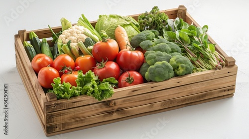 Fresh and colorful vegetables in a wooden crate. Organic harvest variety includes tomatoes  broccoli  lettuce  carrots  and more. Ideal for healthy food conceptsAI