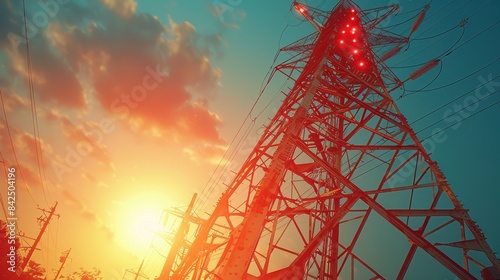 Sunset view of a high voltage electricity transmission tower. Power and energy concept with dramatic skies in the background.