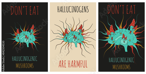 Psychedelic posters cover design with Brain and Brain Connections. The harm of drug use concept. Groovy vector illustration. Editable stroke. EPS 10