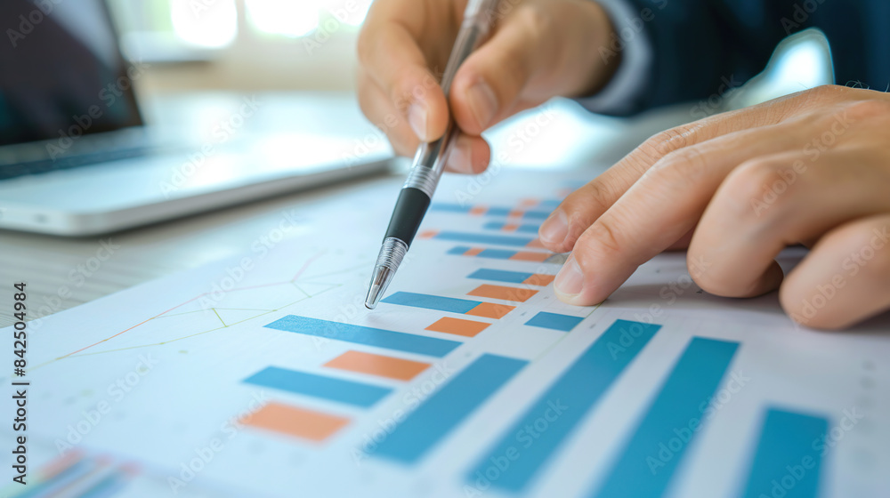 Closeup of hands holding pen and analyzing financial charts on the paper Closeup of hands holding pen and analyzing financial charts on the paper