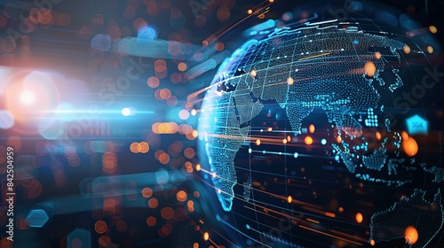 Digital world globe representing global network and connectivity on Earth, featuring high-speed data transfer, cyber technology, information exchange, and international telecommunications.