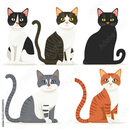 Cute domestic cats, various patterns fur, sitting positions, feline pets white background. Cartoon style multicolored cats, whiskers, attentive eyes, pet animals isolated illustration. Five cat