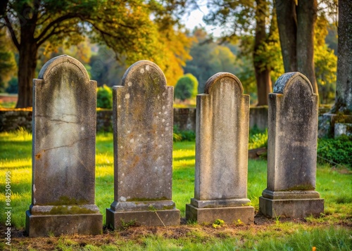 of four weathered old headstones in a cemetery, graveyard, tombstones, ancient, spooky, aged, burial, monument, graveyard, cemetery, old, eerie, remembrance, memorial, gravestones, scary