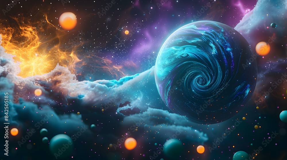 Obraz premium Glowing Blue Planet in Nebula Clouds