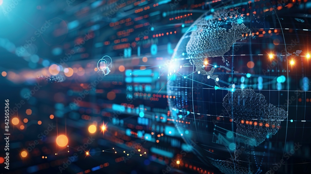 Naklejka premium Digital world globe representing global network and connectivity on Earth, featuring high-speed data transfer, cyber technology, information exchange, and international telecommunications.