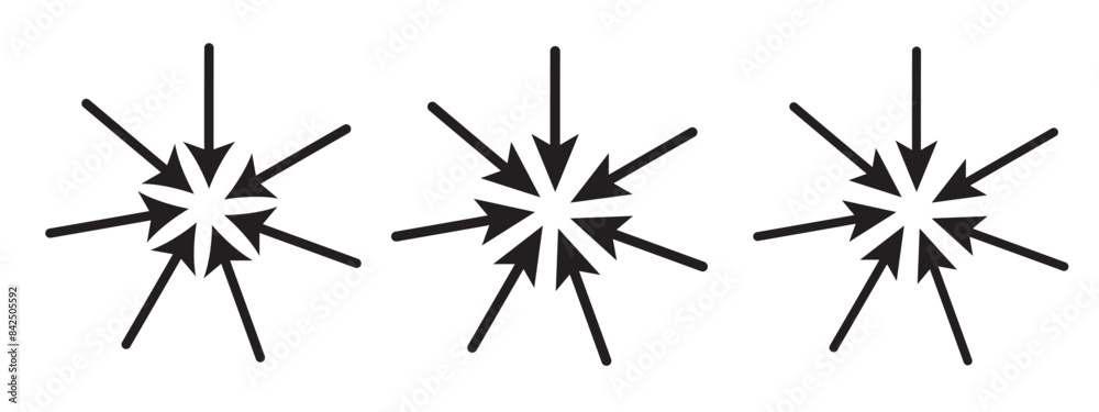 Three-way, two-way or one -way inward or outward pointing mini arrows. A symbol made from a trio of small black arrow shapes. Isolated on a white background Three-way, two-way or one -way inward or outward pointing mini arrows. A symbol made from a trio of small black arrow shapes. Isolated on a white background