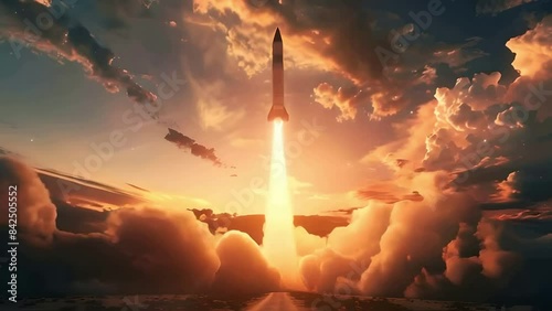 rocket takes off into sky, surrounded by smoke from launching, sunset sky with orange tones