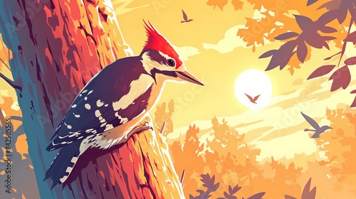 The woodpecker is pecking at a tree for insects. Amazing animal illustration