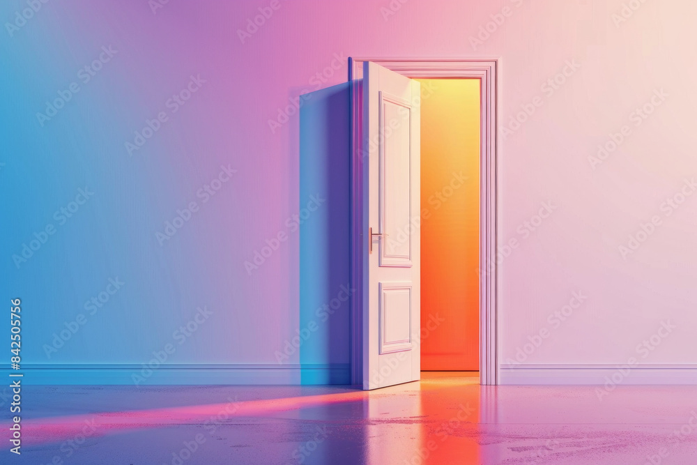 A plain, minimalist door slightly ajar, revealing a burst of colorful, abstract shapes beyond. The door itself is white, contrasting with the vibrant scene inside. A plain, minimalist door slightly ajar, revealing a burst of colorful, abstract shapes beyond. The door itself is white, contrasting with the vibrant scene inside.