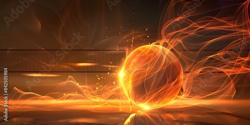 Colorful volleyball spike creates fiery waves on beach court at sunset. Concept Beach Volleyball, Sunset Setting, Colorful Props, Sports Photography