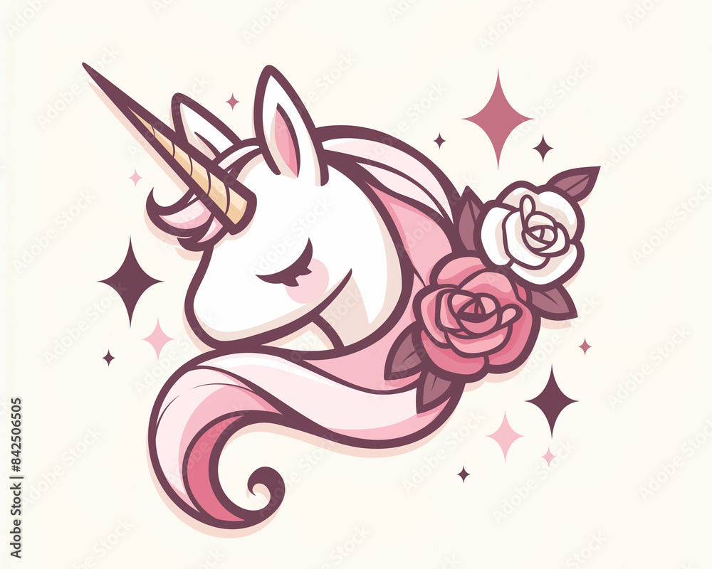 Fototapeta premium Illustration of a White Unicorn Colorful Hair with Sparkles and Roses, Isolated on White Background