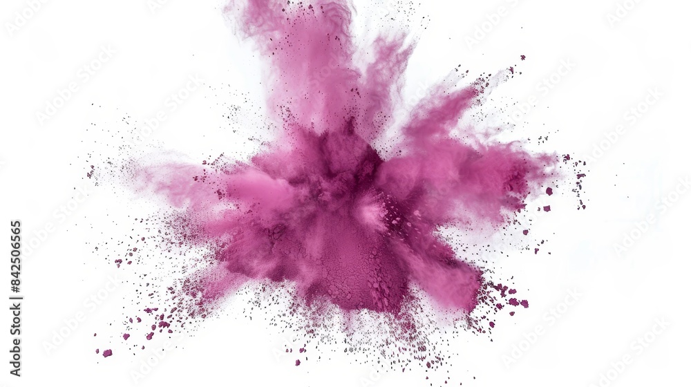 A pink powder explosion with particles flying in all directions, creating a dramatic and chaotic effect. Isolated on a white background, the image emphasizes the intensity and energy of the explosion.