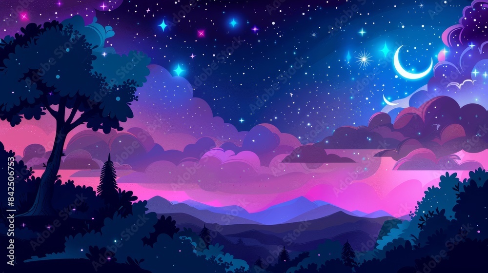starry nights flat design side view dreamy cartoon drawing Tetradic color scheme starry nights flat design side view dreamy cartoon drawing Tetradic color scheme