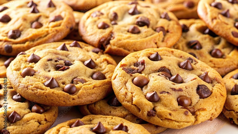 A close-up of freshly baked chocolate chip cookies on a white surface, showcasing their golden brown edges, soft centers, and melted chocolate chips, cookies, chocolate chip cookies