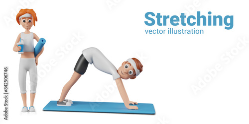 Vector composition for stretching concept. Physical exercises for men and women