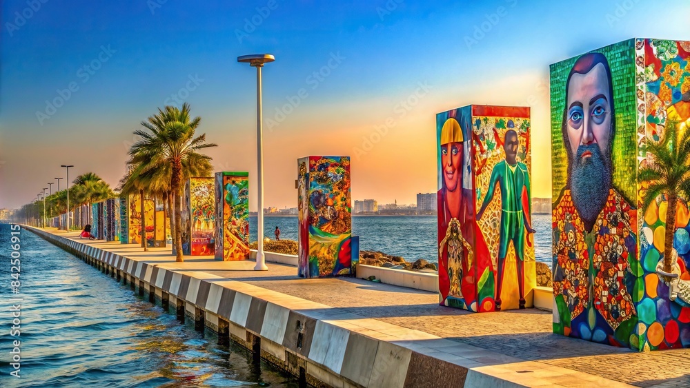 A vibrant street art installation on the Jeddah Corniche, showcasing