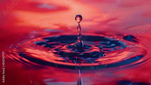 closeup of water droplet creating ripples on surface, red color background
