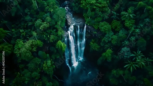 Aerial view of waterfall in tropical rainforest, green trees and blue water in forest