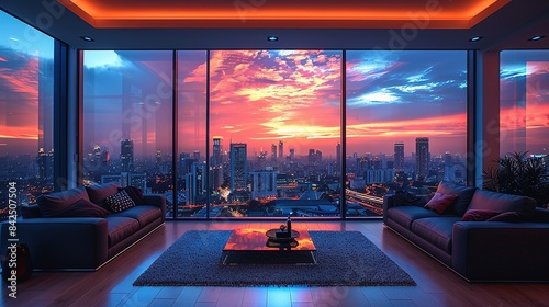 A living room with a large window overlooking a city skyline