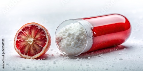 A clear capsule filled with a vibrant red fruit slice, surrounded by a white powder, symbolizing a nutritional supplement with vitamins, capsule, supplement, vitamin, fruit, nutrition