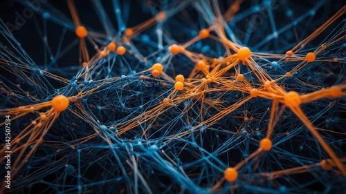 communication network line with blue-tone dots with an orange dot, realistic background, multiple lines