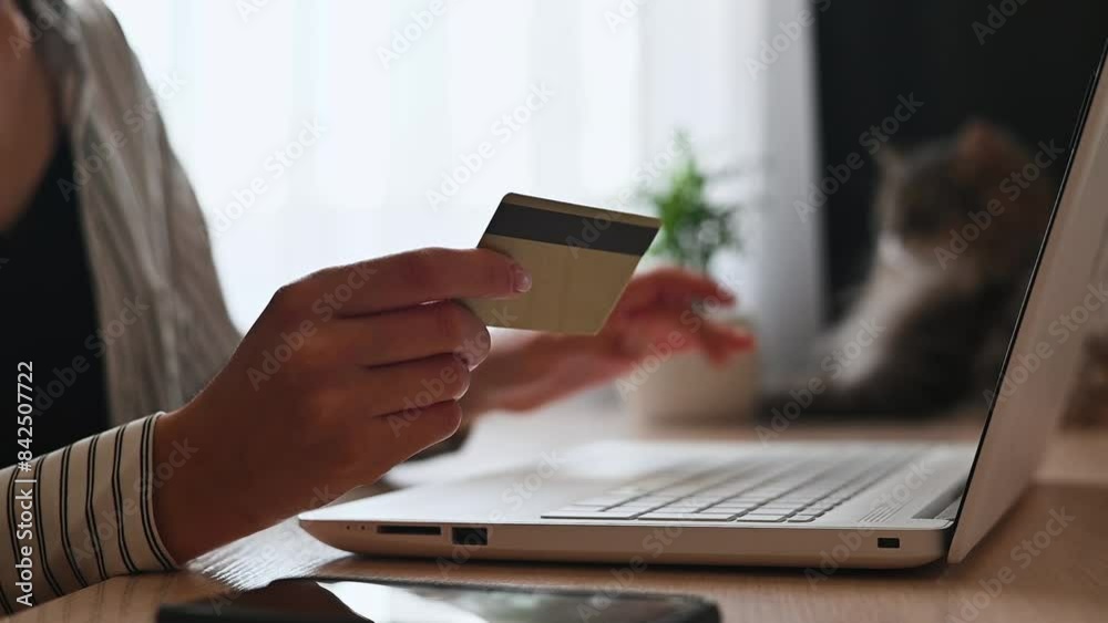 Online shopping, e-commerce. Close-up of woman paying for purchases on laptop holding bank card while sitting at table at home Online shopping, e-commerce. Close-up of woman paying for purchases on laptop holding bank card while sitting at table at home