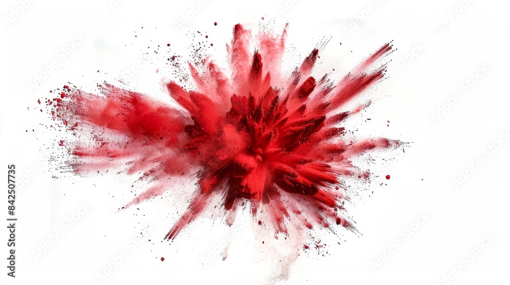 Red powder explosion with particles flying in all directions, creating a dramatic and chaotic effect. Isolated on a white background, the image emphasizes the intensity and energy of the explosion.
Red powder explosion with particles flying in all directions, creating a dramatic and chaotic effect. Isolated on a white background, the image emphasizes the intensity and energy of the explosion.