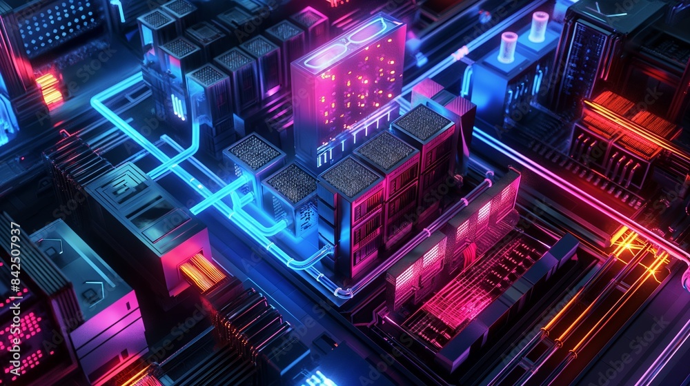 A computer motherboard with a glowing graphic processing unit (GPU) installed in its socket. A computer motherboard with a glowing graphic processing unit (GPU) installed in its socket.