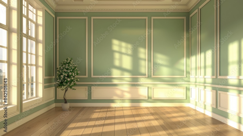 A vacant room with cream and green walls featuring a four part fitted closet with pale wood panels A vacant room with cream and green walls featuring a four part fitted closet with pale wood panels