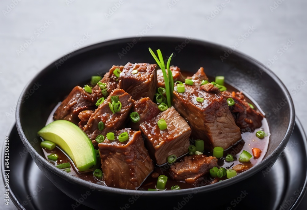 a black bowl filled with meat and vegetables a black bowl filled with meat and vegetables