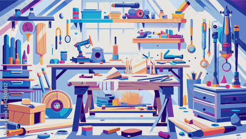 Colorful Illustration of a Busy Carpenter's Workshop Interior