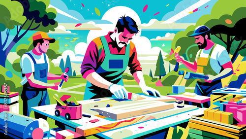 Craftsmen Building Wooden Toys at a Colorful Outdoor Workshop