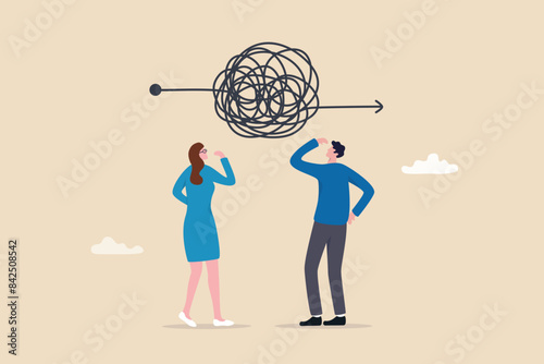 Complicated problem, complexity or difficulty, solving difficult problem, challenge or trouble, thinking or brainstorm for solution concept, business people thinking with chaos messy tangle knot. photo
