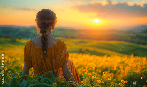 Serene Sunset Contemplation: Asian Woman Gazing Over Blooming Yellow Fields, Symbolizing Peace and Reflection at Dusk
