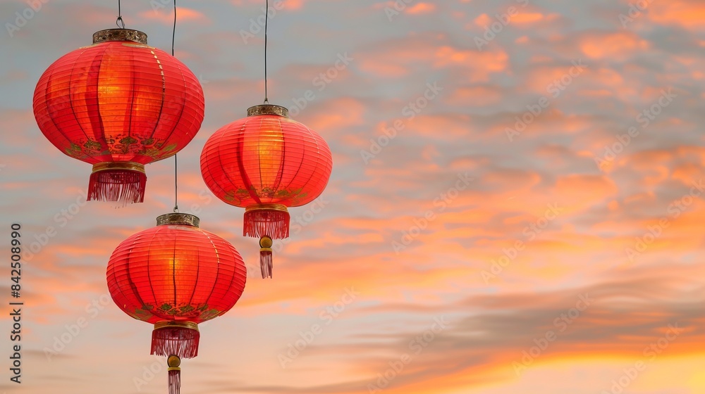 Obraz premium Beautiful red lanterns float gracefully against a serene, colorful sunset sky. Traditional Chinese decor is used to create a festive and calm atmosphere.picturesque setting. AI